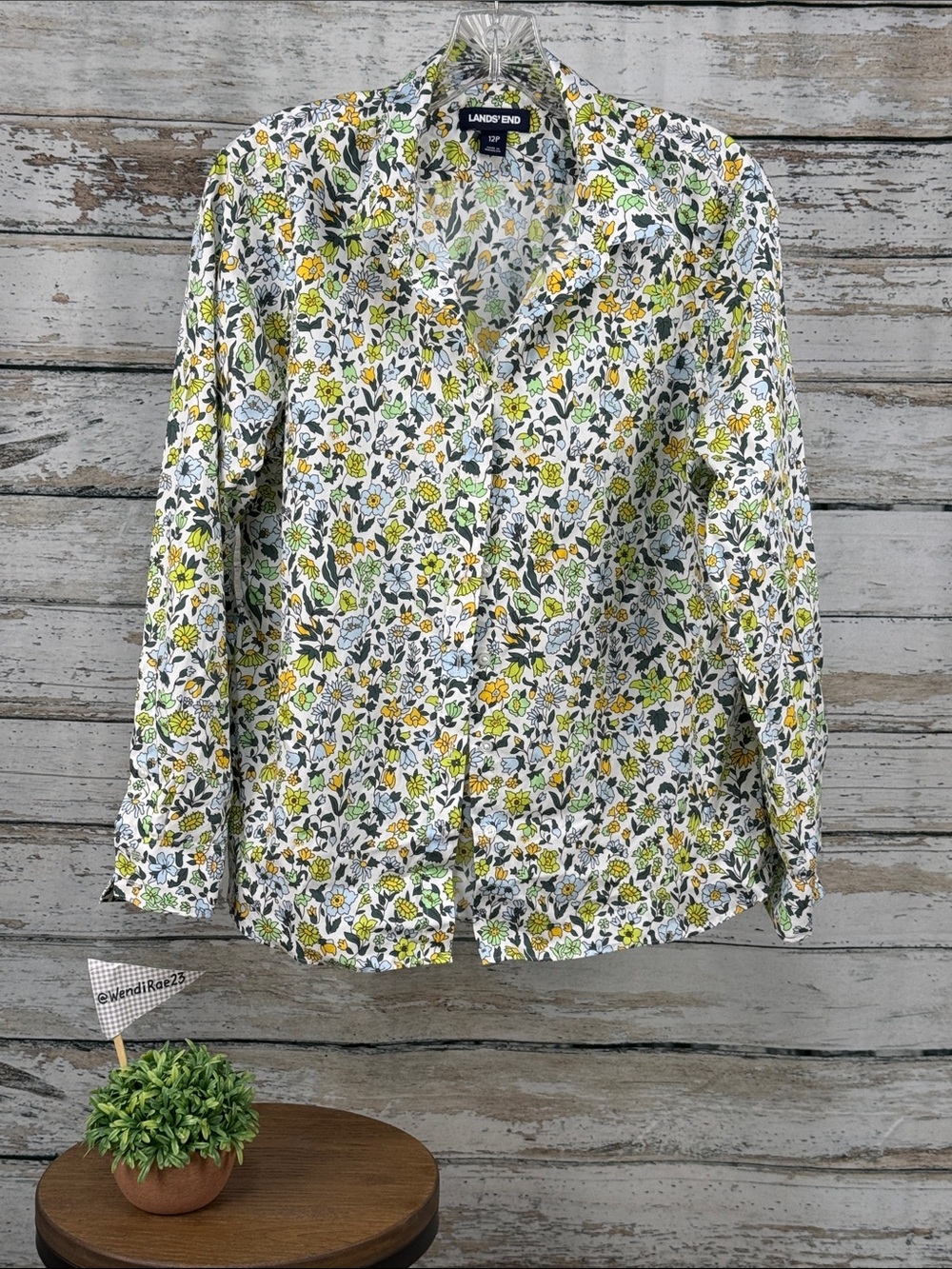 12P Lands' End White Floral Button-Down Shirt with Yellow & Green Accents